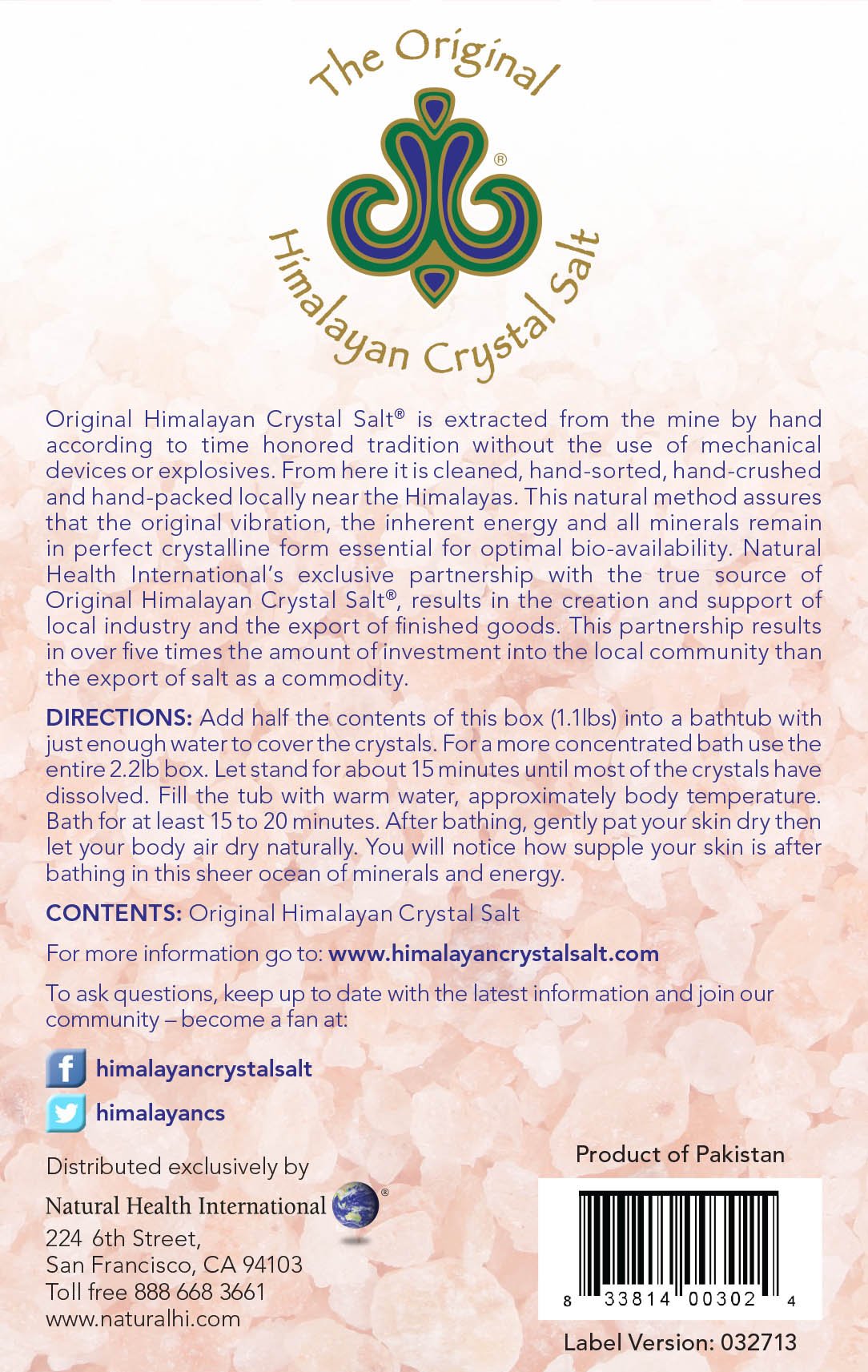 Original Himalayan Crystal Salt is extracted from the wine by hand according to time honored tradition without the use of mechanical devices or explosives. From here it is cleaned, hand-stored, hand-crushed and hand-packed locally near the Himalayas. This Natural method assures that the original vibration, the inherent energy and all minerals remain in perfect crystalline form essential for optimal bio-availability.